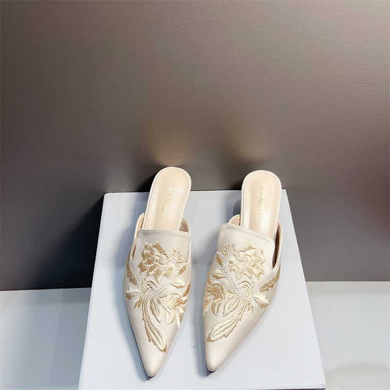 Chinese Style Embroidered Cheongsam High Heels for Women Summer New Style Baotou Half-Drag Women's Outer Wear Elegant Mule Sandals