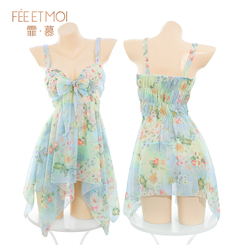 Fei Mu Monet Garden, vestido floral en V profundo, perspectiva intrigante, tentación, lencería sexy ZY32