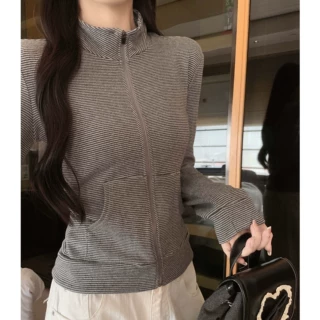 1225定制复古条纹拉链外套女秋冬季修身显瘦韩系立领时尚长袖上衣
