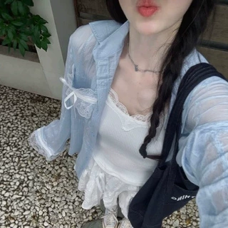 韩系设计感蕾丝拼接衬衫外套女夏季薄款宽松休闲防晒衬衣外搭上衣