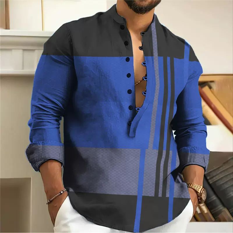 2025春秋款轻熟休闲3D印花薄款长袖青春流行欧美爆款男士立领衬衫