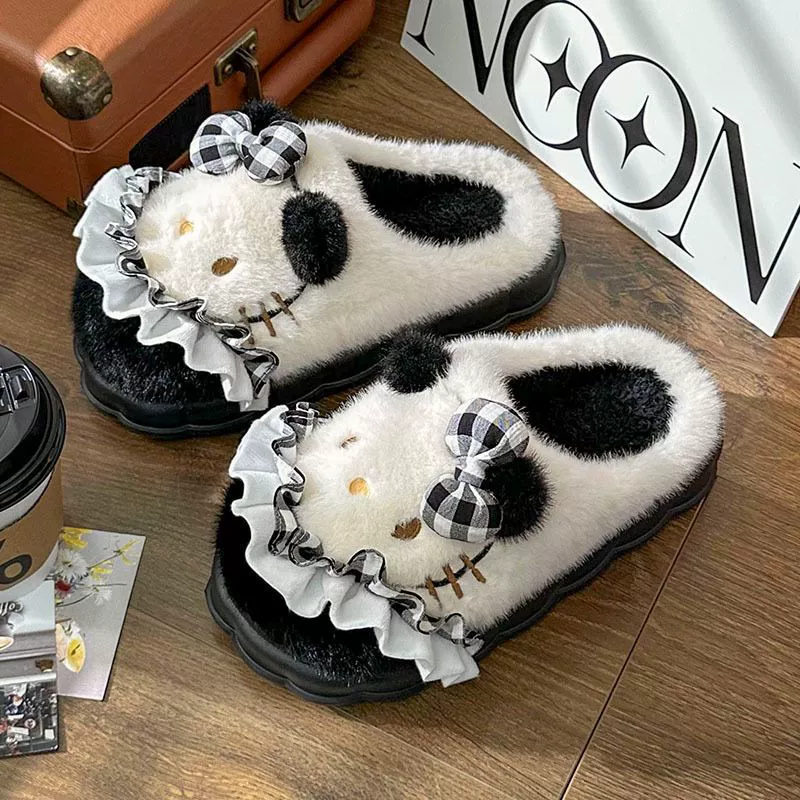 Hello Kitty, мультяшные тапочки, зимняя нескользящая теплая обувь на платформе