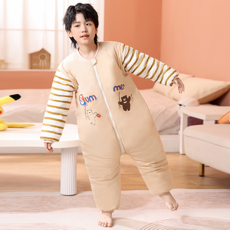 Children's One-Piece Pajamas Winter Baby Autumn and Winter Thickeneded Cotton-Filled Medium and Large Kidsren Boys and Girls Pure Cotton Anti-Kick Sleeping Bag