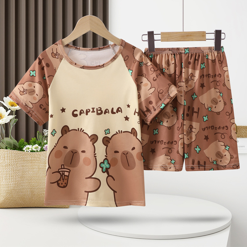 Children's home clothing 2025 summer new Korean cartoon cute boys and girls short sleeve shorts home suit wholesale