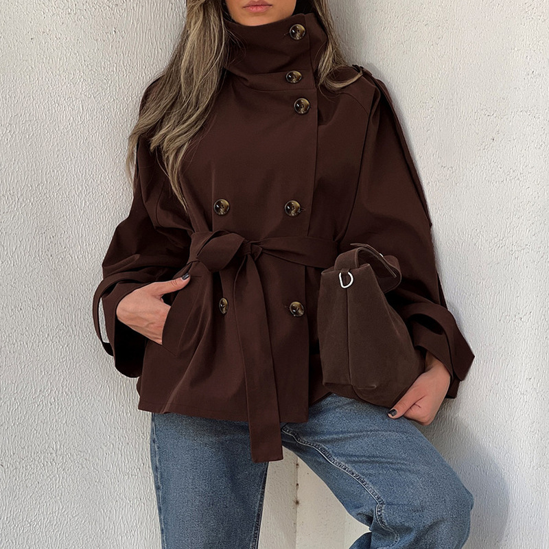 European and American retro autumn and winter design high-neck long-sleeve double-breasted waist-tied commuter trench coat for women with a high-end feel
