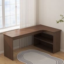 卧室转角书桌书柜一体床边l型实木电脑桌书架组合 拐角式桌子靠窗