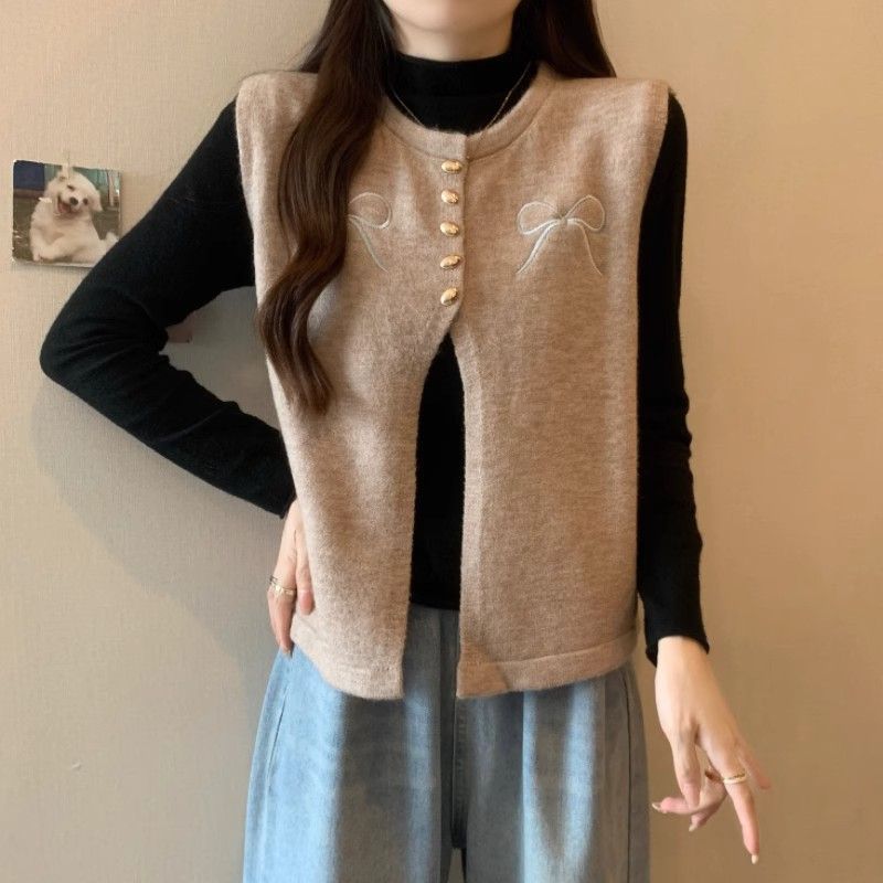 Xiaoxiangfeng Butterfang Knot izšūts pelēks džemperis-veste sievietēm rudens un ziemas sakrautas bezpiedurkņu adīta plecu daļa_voghion.com