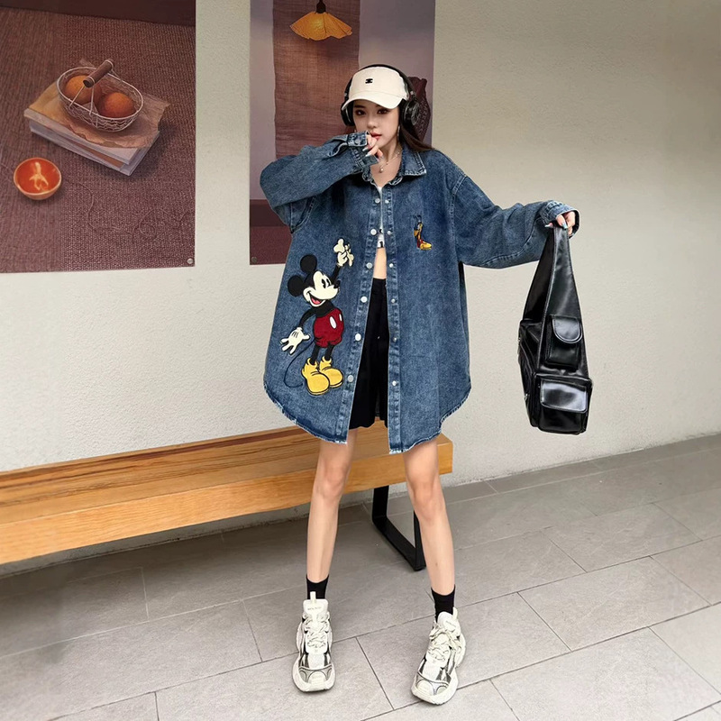 European Station 2026 Autumn New American Retro Cartoon Mickey Embroidered Denim Shirt for Women, Loose and Versatile Top