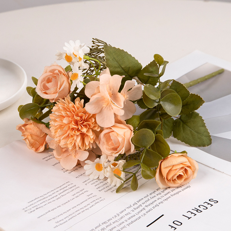 Flor artificial, color otoñal, retro, manguito pequeño, manguito, hortensia de 7 tenedores, arco de boda de rosas, decoración de flores de guía de carreteras, manzanilla de flores falsas