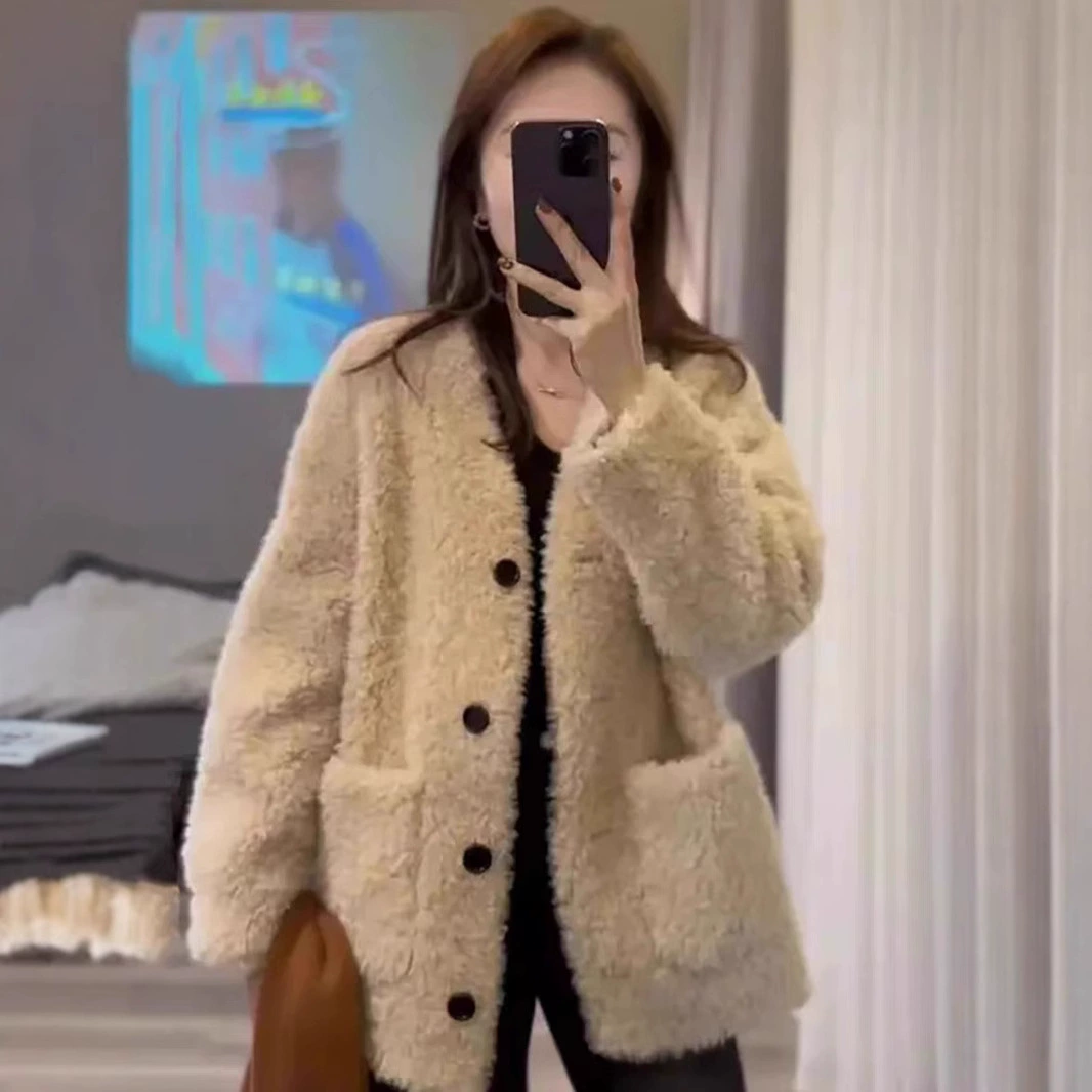 Демисезонное oversize Teddy-шерсть пальто, корейский стиль, V-образный вырез, высококачественный плюш, черный/серый/слоновая кость