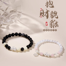 s999纯银貔貅黑曜石情侣手串新中式猫眼石招财福牌手链七夕礼物