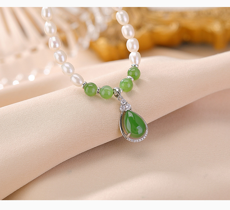 Vòng cổ bạc S925 mạ vàng đính ngọc trai nước ngọt và ngọc Hetian Jasper hình giọt nước — Mẫu bạc chi tiết 5