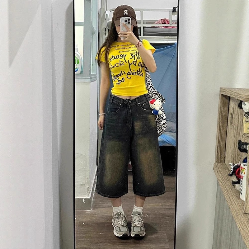 American Retro Distressed Cropped Jeans for Women Plus Size Summer High-Waisted Loose Slimming Versatile Wide-Leg Pants American Retro Distressed Cropped Jeans for Women Plus Size Summer High-Waisted Loose Slimming Versatile Wide-Leg Pants
