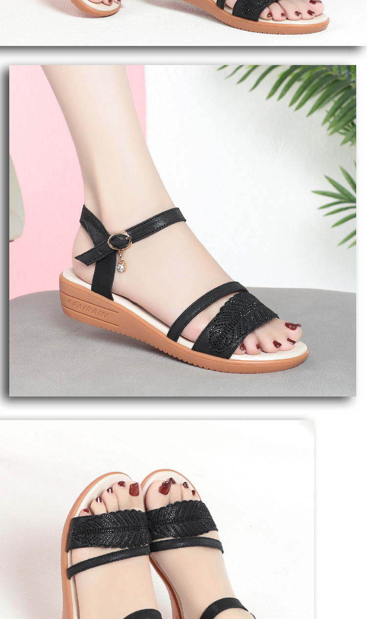 Sandal nữ đế bệt da bò mềm chống trượt size lớn — màu đen chi tiết 9