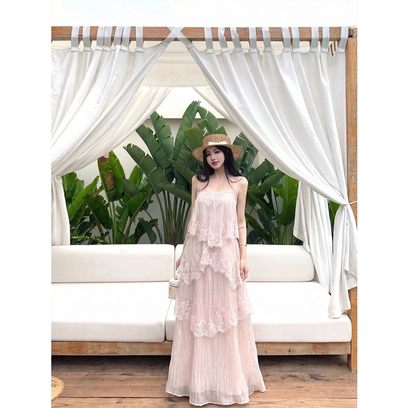 Beach Vacation Gentle Breeze Pink Irregular Lace Strap Cake Dress 2026 Summer Beautiful Loose Long Dress Beach Vacation Gentle Breeze Pink Irregular Lace Strap Cake Dress 2026 Summer Beautiful Loose Long Dress
