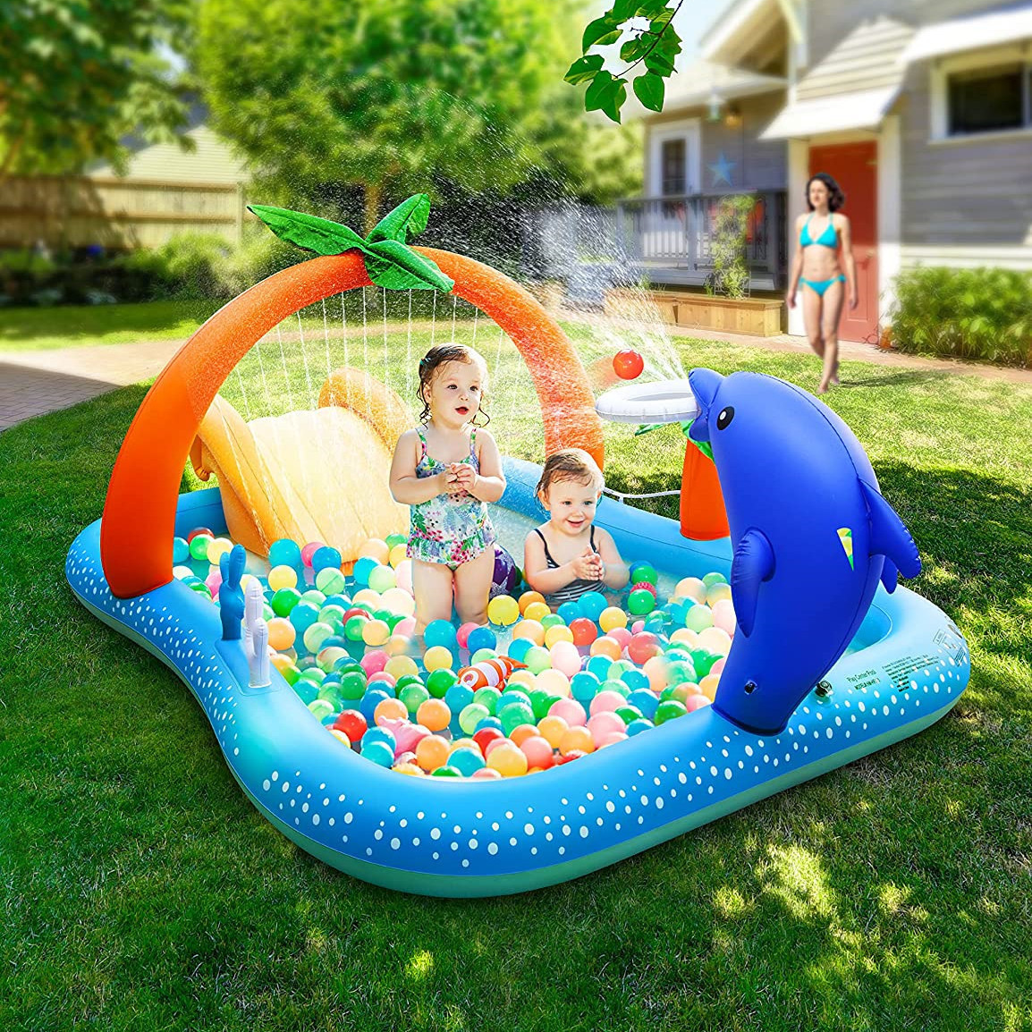 Inflatable Dolphin Fountain Outdoor Dolphin Sprinkler Game Mat Kidsren's Water Toy Frog Swimming Pool Shark Pool