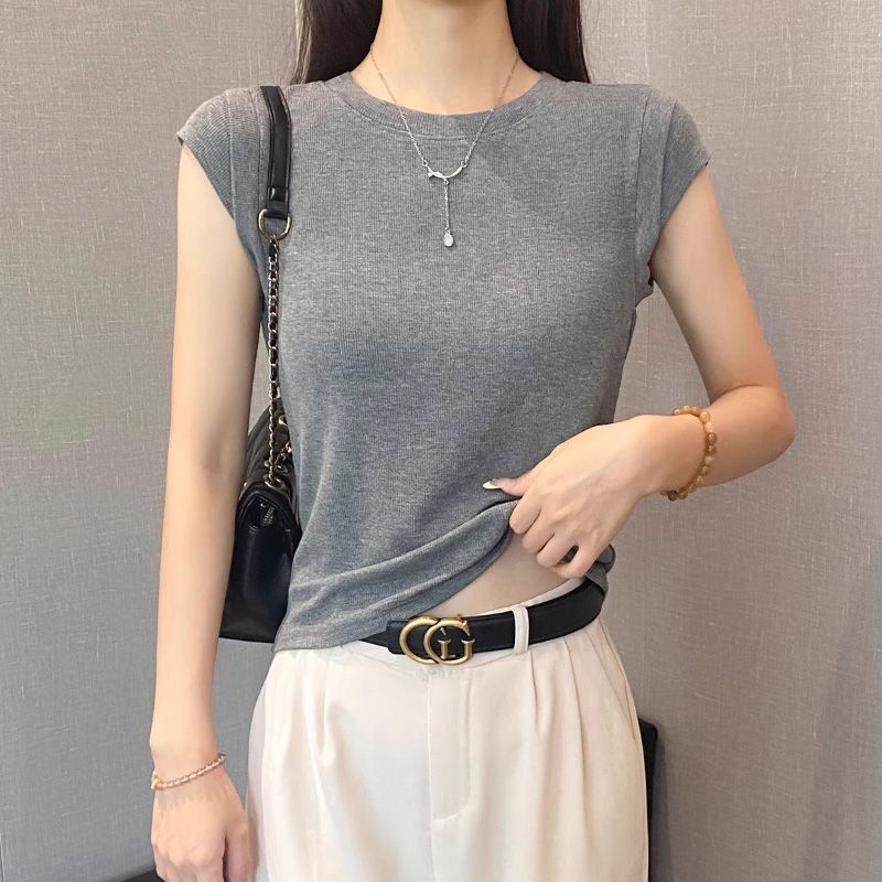 Round Neck Short-Sleeved T-Shirt for Women Summer 2025 New High-End Elegant Slim Bottoming Shirt Flying Sleeve Short Top