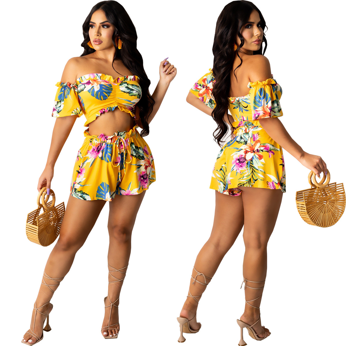 Sexy Print Short Sleeve Shorts Set Two Piece Set NSSJW59333