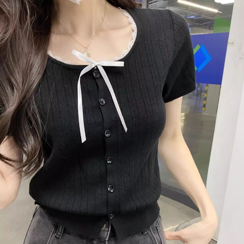 Lace short-sleeved short ice silk knitted top for women's summer French miu, small man, clear waist, European style