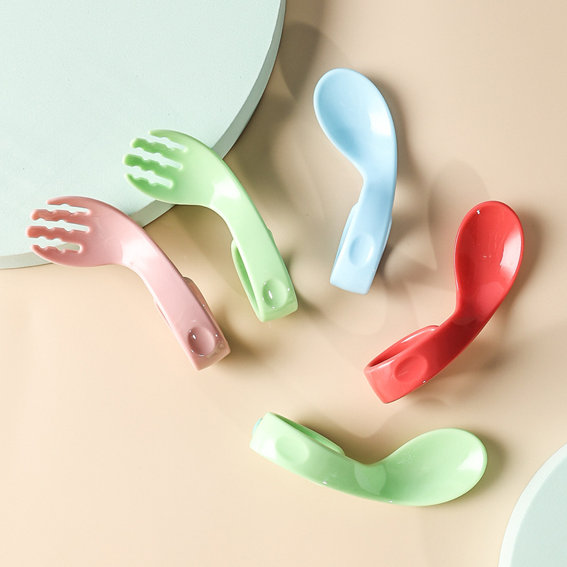 Cuchara de bebé aprender a comer codo tenedor mango corto tenedor cuchara bebé entrenamiento tenedor cuchara comida complementaria niños vajilla traje