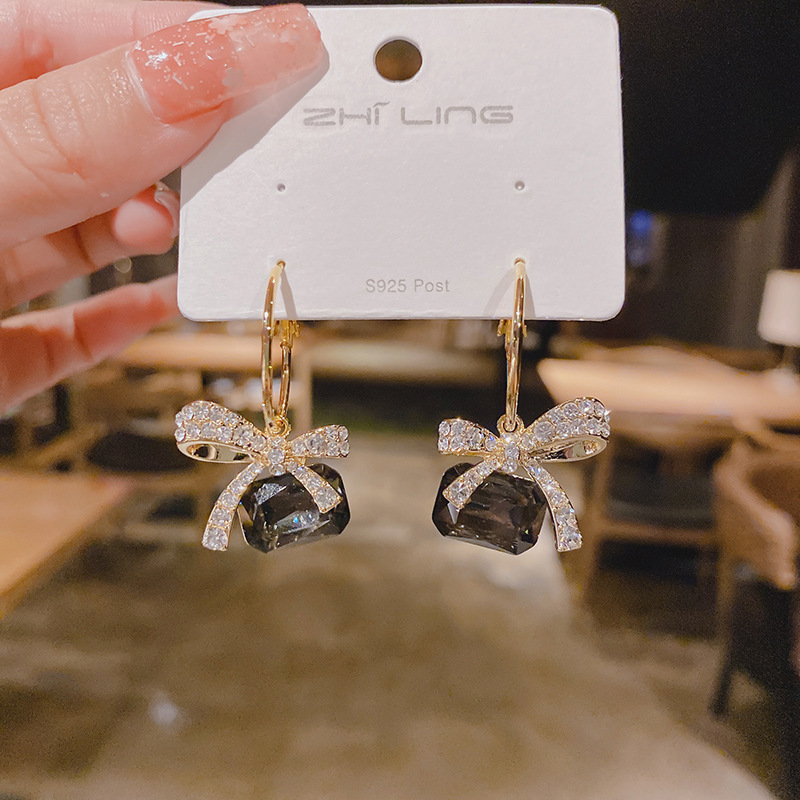 14g Weight Artificial Gemstones Inlay Material Earrings Classification 1 Pair Sweet Bow Knot Inlay Alloy Artificial Gemstones Earrings