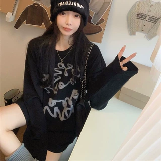 2024新款小仙女设计感字母印花复古T恤女宽松外穿秋季圆领上衣女