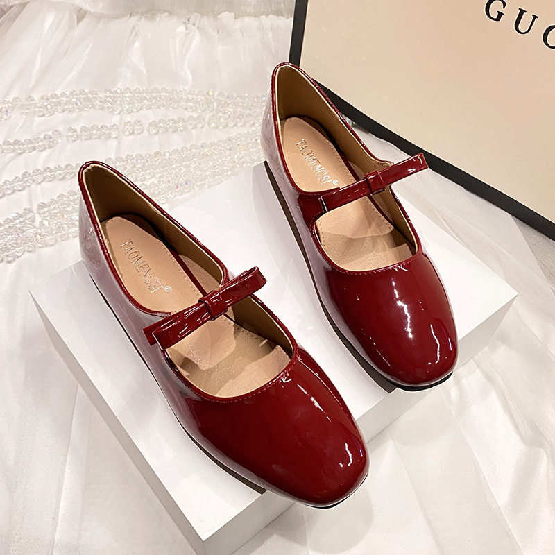 Giày búp bê nữ mũi vuông cổ thấp thắt nơ quai ngang, đế bằng gót thấp 1–3 cm — Màu hồng đen, Màu đen, Màu đỏ chi tiết 32