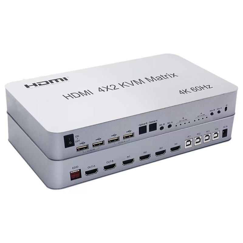 Cross-border HDMI2.0 KVM switch matrix with mouse keys dual independent audio with IR four in two out 4K60HZ Cross-border HDMI2.0 KVM switch matrix with mouse keys dual independent audio with IR four in two out 4K60HZ