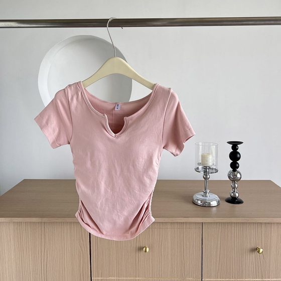 Ice cream pleated bubble slimming seamless V-neck short sleeve sports fixed coaster yoga clothes fitness top for women