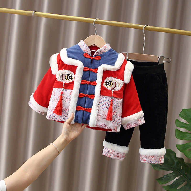 男童唐装冬季加绒加厚婴幼儿童新年拜年服中国风宝宝周岁礼服套装