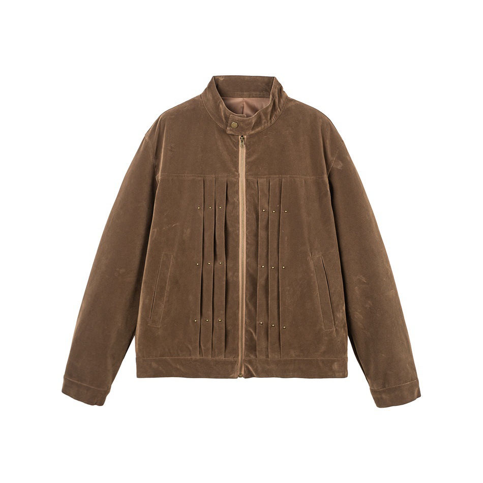ANSWERME W516 Faux Suede Pleated Studded Jacket Brown