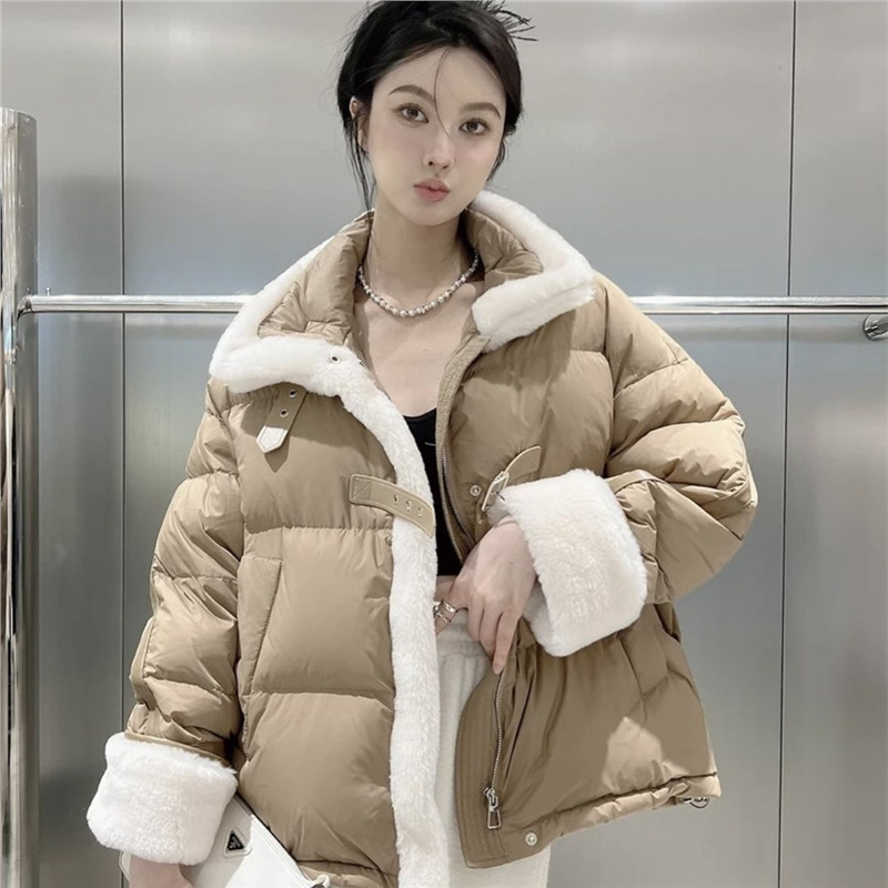 2025年冬季新款韩版时尚羊羔毛拼接羽绒服女装中长款清仓气质外套