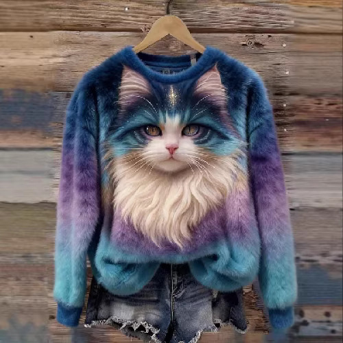 2026 New Cross-Border European and American Amazon Printed Cat Print Fresh Autumn and Winter Pullover Flannel Loose Sweatshirt 2026 New Cross-Border European and American Amazon Printed Cat Print Fresh Autumn and Winter Pullover Flannel Loose Sweatshirt