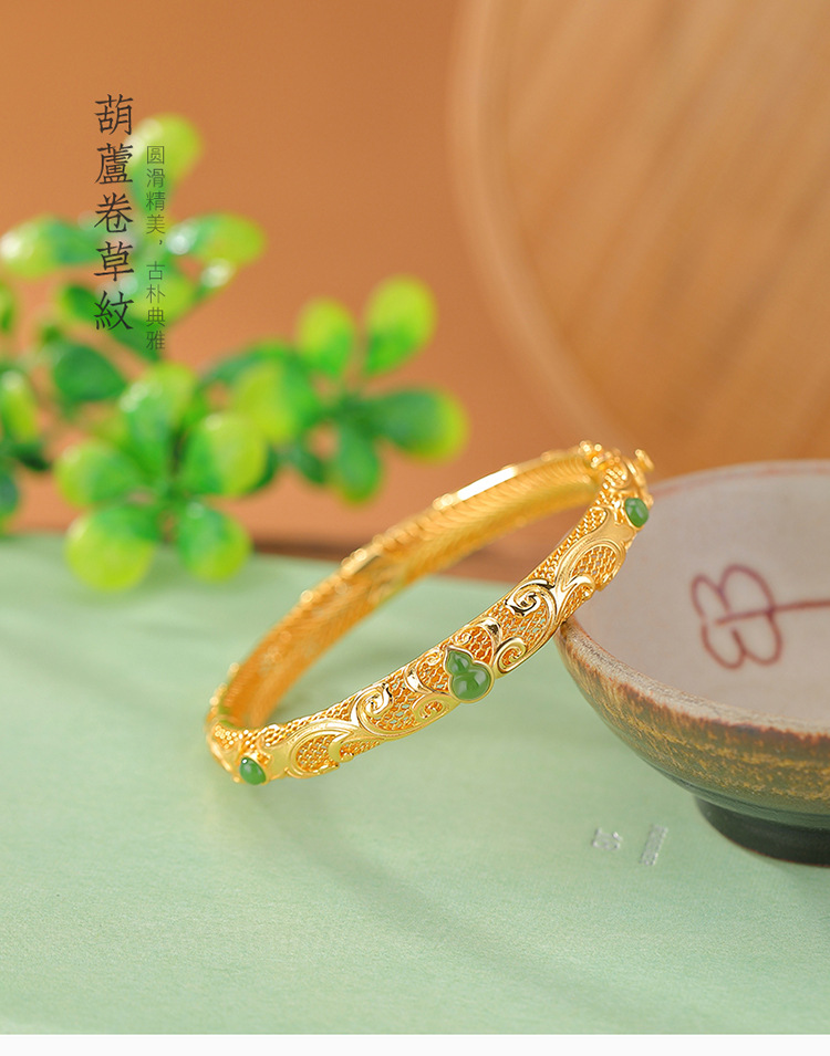 Vòng tay bạc S925 mạ vàng đính ngọc bích phong cách cổ điển họa tiết phúc lộc — Kiểu mạ tách màu chi tiết 2