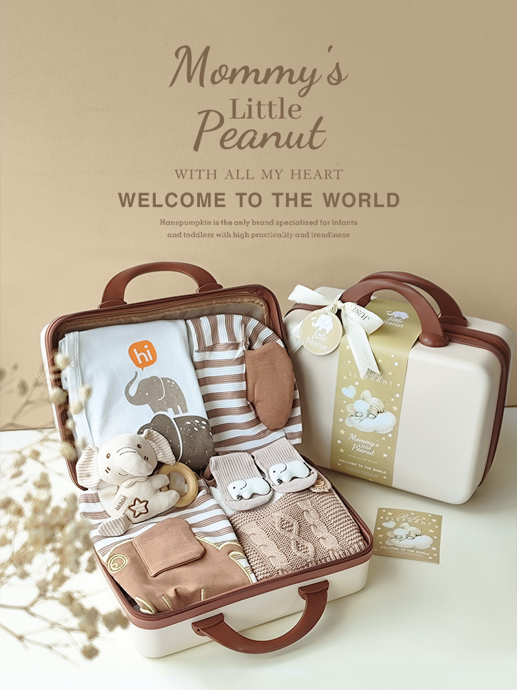 Caja de regalo para bebés pequeños elefantes bebés varones recién nacidos color arroz curry de alta calidad otoño y invierno espeso para dar un regalo de 100 días de nacimiento de luna llena