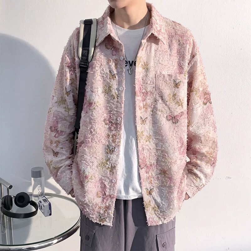 Trendy foreign trade style loose long-sleeve shirt with tassel butterfly print, unisex casual versatile couple shirt