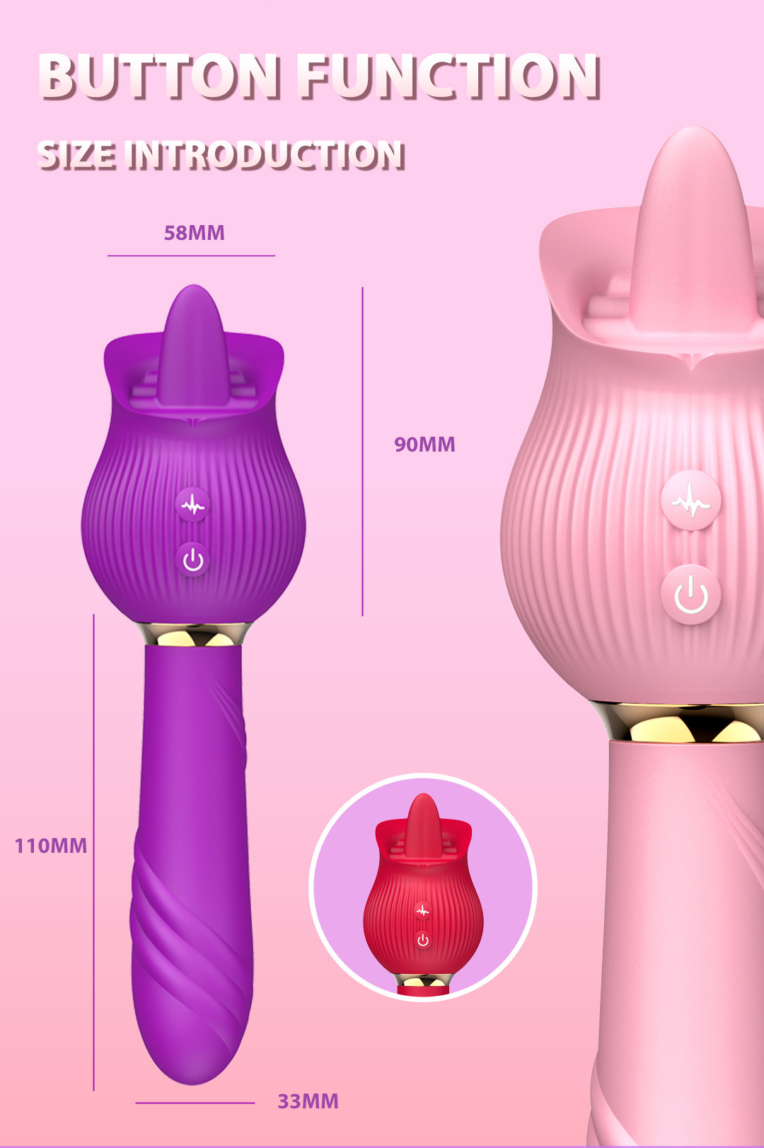 Afiya Rose Telescopic Sucking Vibrator with Tongue Licker, Pink Rose-Purple, Silicone & ABS — detail image 7