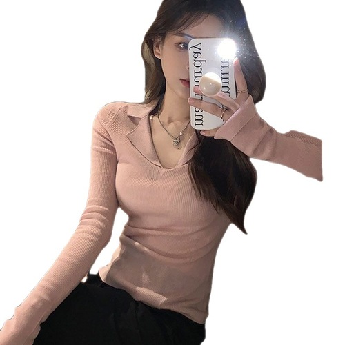 Sleek, alluring design: Ultra-thin basic knit sweater for women—autumn, slim-fit, chic long-sleeve top perfect for layering as a trendy 