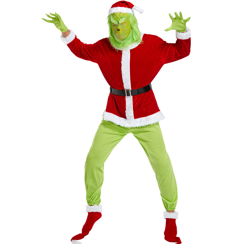 Traje de Navidad de monstruo de piel verde traje de monstruo de piel verde máscara de traje de Santa Claus Grinch juego transfronterizo adulto image 5