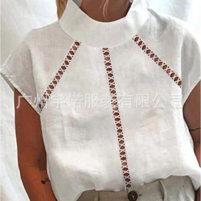 2022 Amazon europeo y americano nuevo deseo popular moda diseño hueco algodón y lino encaje manga corta Camisa de las mujeres