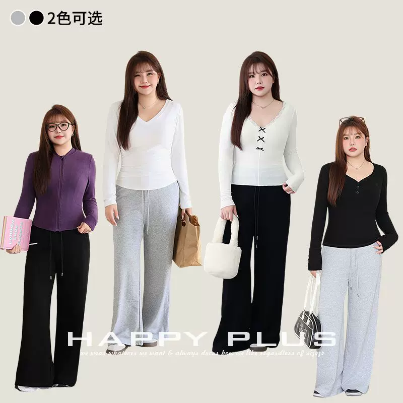 直筒休闲显瘦阔腿运动裤润其8674大码休闲宽松抽绳松紧腰长裤