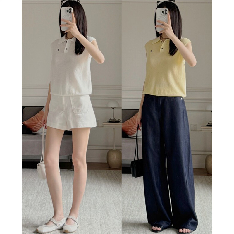 MO Light and Elegant Urban Style | Stylish Linen Blend Cool and Comfortable Wide-Shoulder Sleeveless Polo Shirt Knit Top for Women, Summer Collection