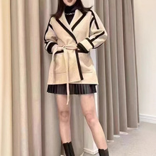 亏清~~秋冬款 气质休闲手工双面羊毛呢系带拼色女士中长款大衣