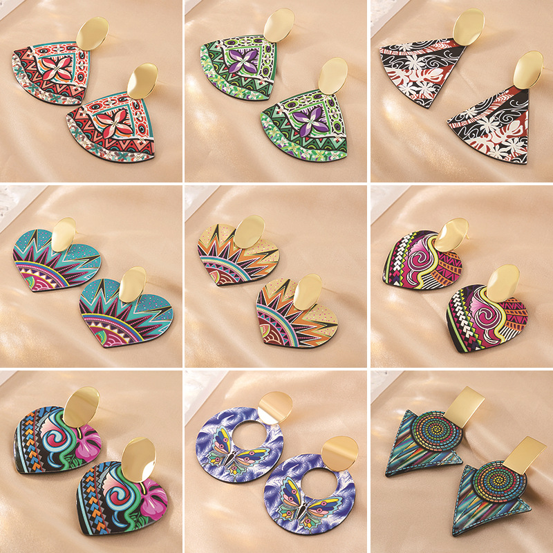 Water Plating Gold Plating Process Copper Ear Needle Material 1 Pair Casual Ethnic Style Round Heart Shape Flower Plating Acrylic Drop Earrings