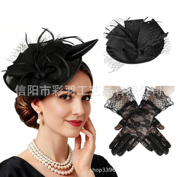 English-style vintage mesh feather fascinator, banquet and horse racing headpiece, gloves, elegant bridal evening party hair accessory