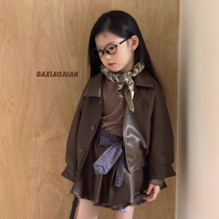 大小卷女童2025秋季新款设计感重工蝴蝶结刺绣翻领皮衣外套上衣