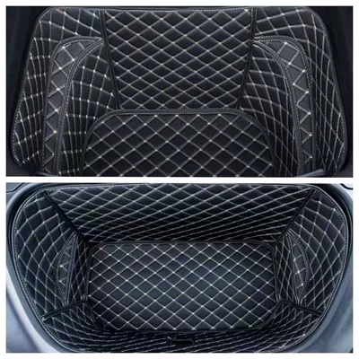 and Rear Trunk Mat Storage | Trunk Mat - front-compartment-mat-rear-compartment-mat-black-with-beige-lines-25-26-model-tesla-model-y