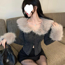 女装秋套辣妹秋冬毛毛领针织衫感修身短款外套性感深灰色均码