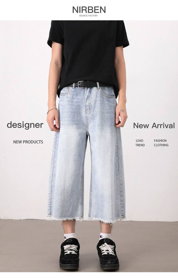 Quần short denim nam ống rộng dáng thẳng, kiểu Mỹ cổ điển, wash xước gấu, dài 8/10 — Màu xanh dương chi tiết 3