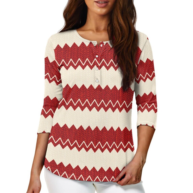 Christmas Fun Party Women's Three-Quarter Sleeve Half Open Collar T-Shirt Amazon Christmas Tree Button Women's Top Autumn Christmas Fun Party Women's Three-Quarter Sleeve Half Open Collar T-Shirt Amazon Christmas Tree Button Women's Top Autumn